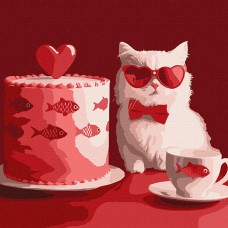 Картина за номерами 30*30см + фарби + пензель 3 шт з рамкою Кіт з тортом