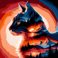 Картина за номерами 30*30см на чорному фоні Кіт на заході сонця